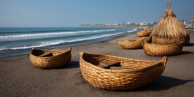 Traditional reed boats on the beach of Huanchaco
