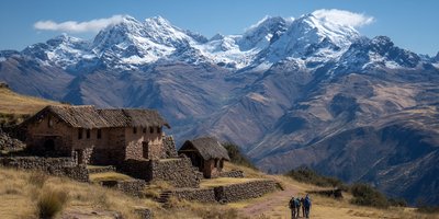 Hikers overlooking the terraces and stone buildings of Huchuy Qosqo with snow-capped peaks behind