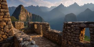 Ancient Inca stone walls at Machu Picchu showing precise interlocking masonry technique with misty Andean mountains in background during golden hour lighting
