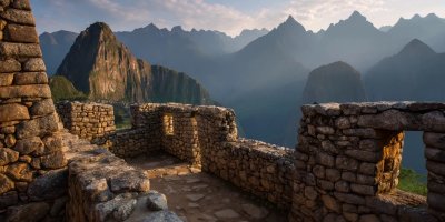 Ancient Inca stone walls at Machu Picchu showing precise interlocking masonry technique with misty Andean mountains in background during golden hour lighting