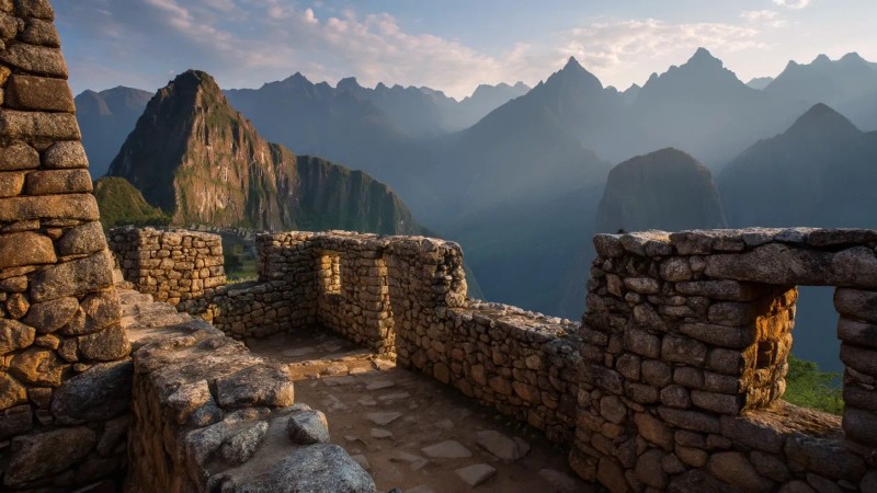 Ancient Inca stone walls at Machu Picchu showing precise interlocking masonry technique with misty Andean mountains in background during golden hour lighting