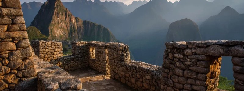 Ancient Inca stone walls at Machu Picchu showing precise interlocking masonry technique with misty Andean mountains in background during golden hour lighting