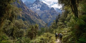 Adventure travelers navigating jungle terrain with mountain backdrop on the Inca Jungle Trek route