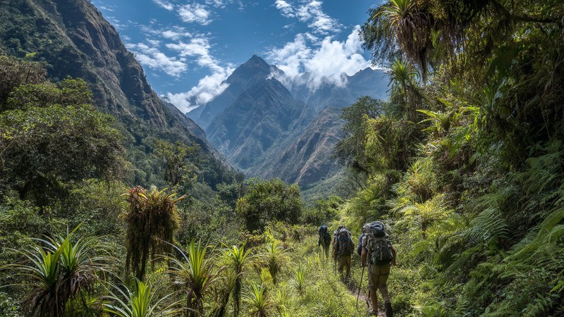 Adventure travelers navigating jungle terrain with mountain backdrop on the Inca Jungle Trek route
