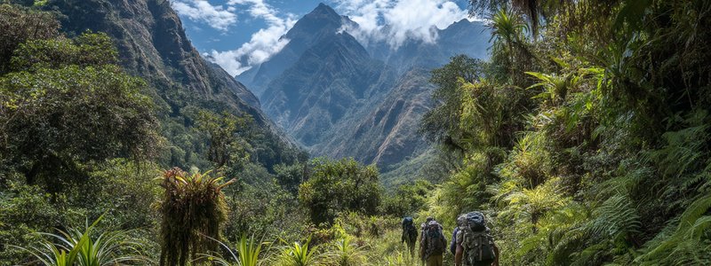 Adventure travelers navigating jungle terrain with mountain backdrop on the Inca Jungle Trek route