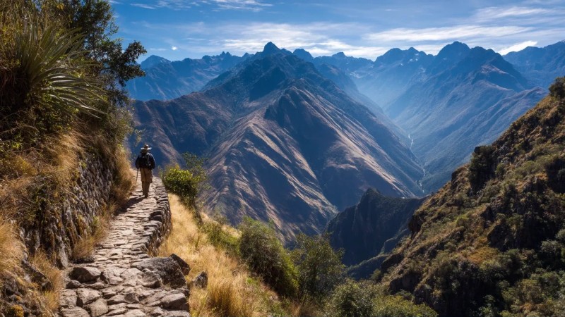 Tourist walking on the classic Inca Trail stone path with Andean mountains and ancient ruins visible in background showing typical trekking scenery