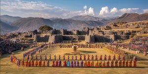 Spectacular Inti Raymi ceremony at Sacsayhuamán fortress with hundreds of performers in colorful Inca costumes, golden sun god ceremony with Cusco mountains backdrop