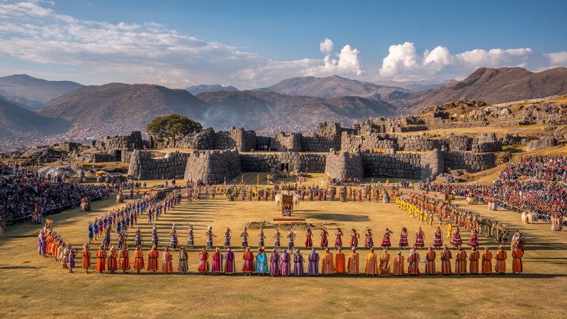 Spectacular Inti Raymi ceremony at Sacsayhuamán fortress with hundreds of performers in colorful Inca costumes, golden sun god ceremony with Cusco mountains backdrop