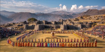 Spectacular Inti Raymi ceremony at Sacsayhuamán fortress with hundreds of performers in colorful Inca costumes, golden sun god ceremony with Cusco mountains backdrop