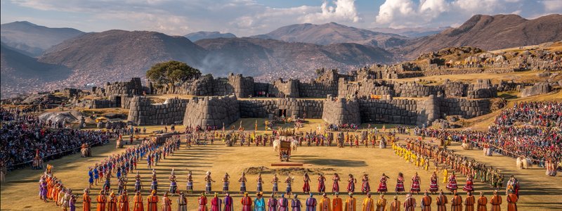 Spectacular Inti Raymi ceremony at Sacsayhuamán fortress with hundreds of performers in colorful Inca costumes, golden sun god ceremony with Cusco mountains backdrop