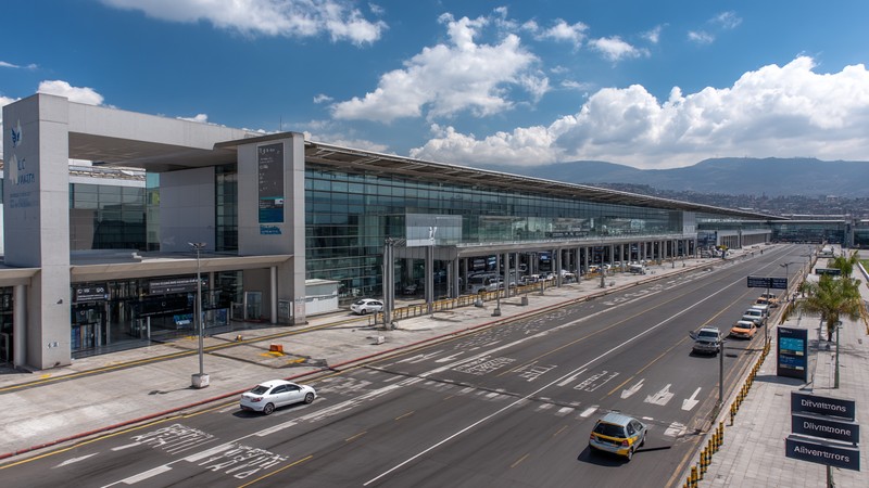 Wide view of Jorge Chávez International Airport (LIM) terminal with signage for Arrivals and Departures