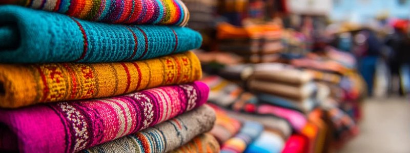 Colorful traditional Peruvian alpaca wool textiles and handicrafts displayed at vibrant Sacred Valley market with local indigenous vendors