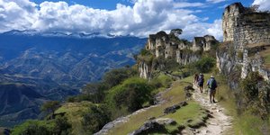 Hikers exploring Kuelap Fortress Hike with dramatic mountain scenery