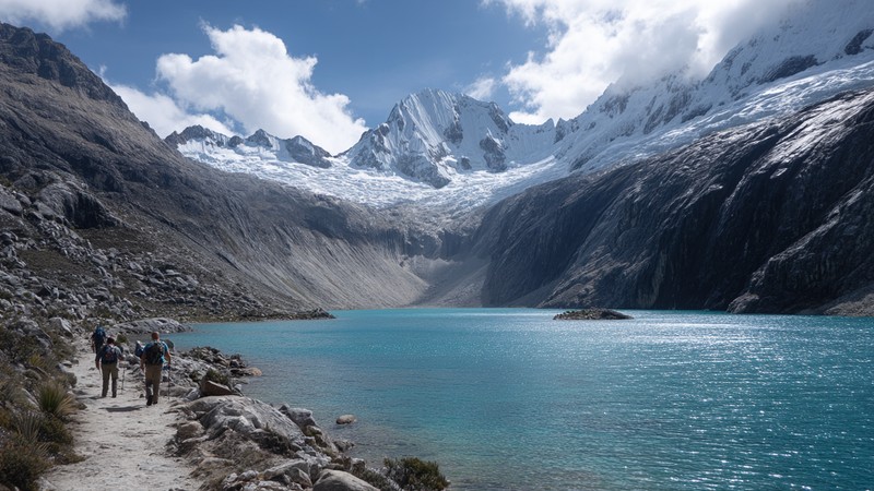 Hikers exploring Laguna 69 Hike with dramatic mountain scenery
