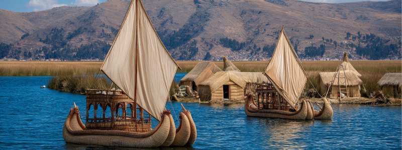 Traditional reed boats floating near the Uros islands on Lake Titicaca