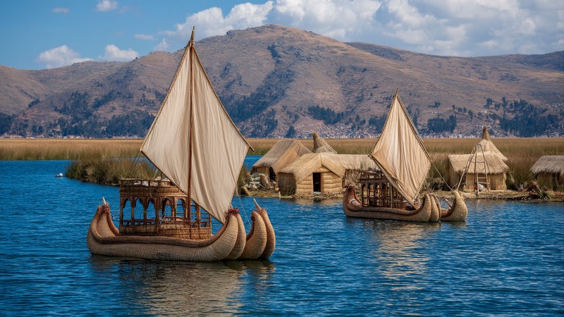 Traditional reed boats floating near the Uros islands on Lake Titicaca