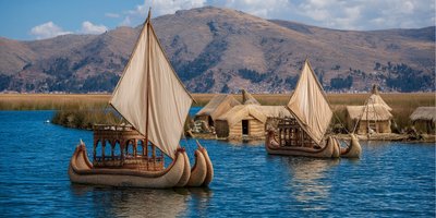 Traditional reed boats floating near the Uros islands on Lake Titicaca