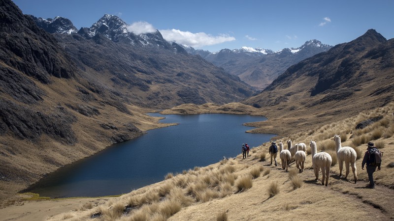 Hikers walking past alpacas near a high Andean lake on the Lares Trek