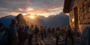 Machu Picchu ancient ruins with tourists queuing for last-minute tickets at entrance gate, showing crowded scene with people rushing to buy tickets