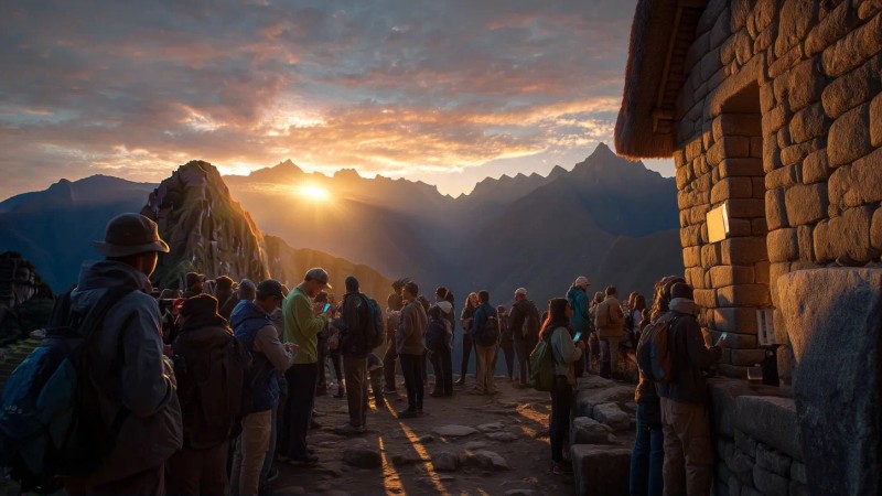Machu Picchu ancient ruins with tourists queuing for last-minute tickets at entrance gate, showing crowded scene with people rushing to buy tickets