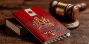 Passport, Peruvian flag, and a gavel on a table symbolizing travel laws in Peru