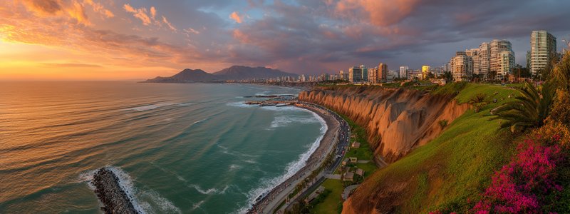 Panoramic view of Lima’s coastal cliffs and Miraflores district at sunset