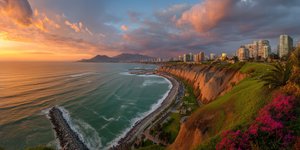 Panoramic view of Lima’s coastal cliffs and Miraflores district at sunset