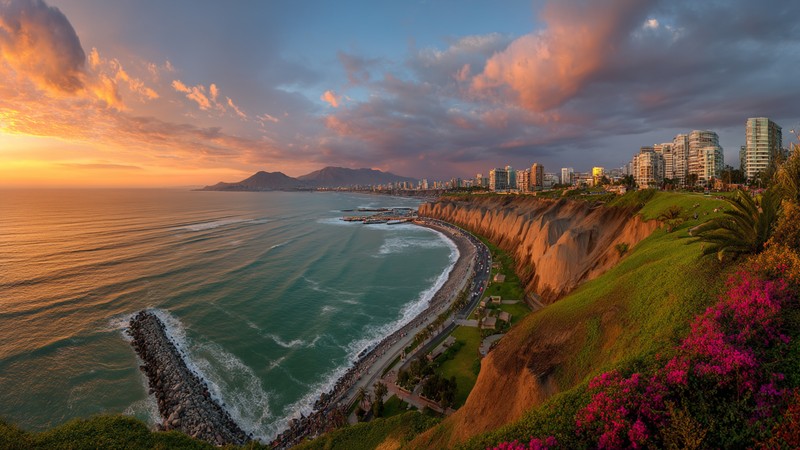 Panoramic view of Lima’s coastal cliffs and Miraflores district at sunset