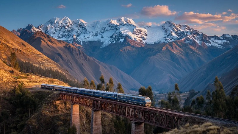 High-speed train crossing scenic Peruvian mountain bridge through Sacred Valley with snow-capped Andes peaks in background during golden hour