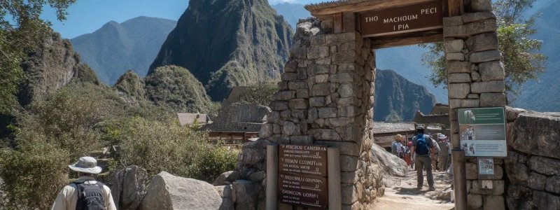 Tourist looking at Machu Picchu entrance sign showing operating hours and visitor capacity numbers with ancient citadel visible in mountain background