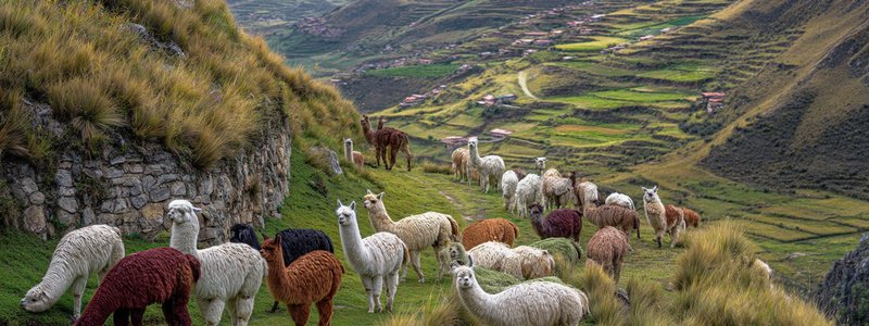 Llamas and alpacas grazing on a Peruvian Andes hillside
