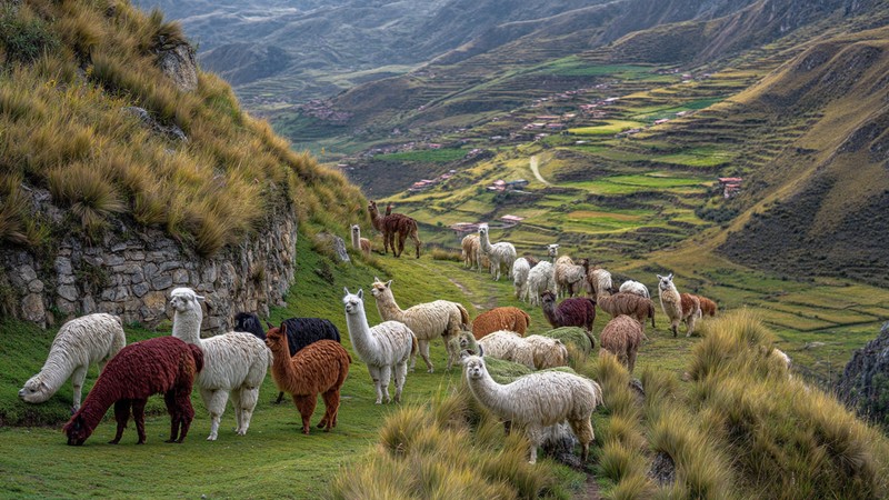 Llamas and alpacas grazing on a Peruvian Andes hillside