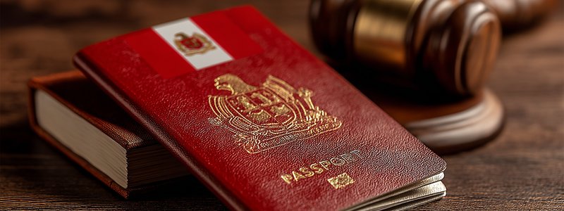 Passport, Peruvian flag, and a gavel on a table symbolizing travel laws in Peru