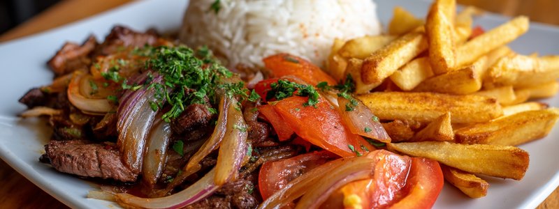Plate of lomo saltado with beef, onions, tomatoes, fries and rice