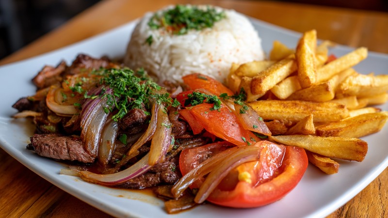 Plate of lomo saltado with beef, onions, tomatoes, fries and rice