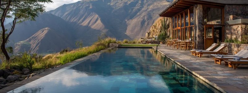 Luxury eco-lodge overlooking Sacred Valley with infinity pool, spa treatments, and gourmet dining setup against Andean mountain backdrop