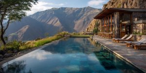 Luxury eco-lodge overlooking Sacred Valley with infinity pool, spa treatments, and gourmet dining setup against Andean mountain backdrop