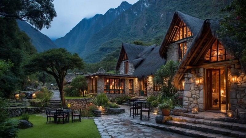 Luxury travelers enjoying premium accommodations at Machu Picchu Sanctuary Lodge, fine dining with Andean-fusion cuisine, private guided tours, helicopter transfers, and exclusive experiences with world-class service and comfort