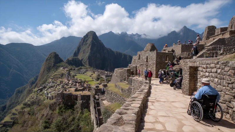 Disabled accessibility at Machu Picchu showing wheelchair-accessible viewing areas, mobility assistance equipment, accessible transportation options, and diverse travelers with various disabilities enjoying the ancient citadel with appropriate support