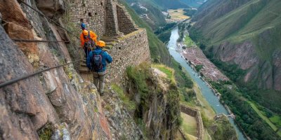 Adventure sports enthusiasts rappelling down ancient Inca walls, mountain biking through Sacred Valley trails, zip-lining over Urubamba River, rock climbing near Ollantaytambo, and white-water rafting with Machu Picchu mountain backdrop