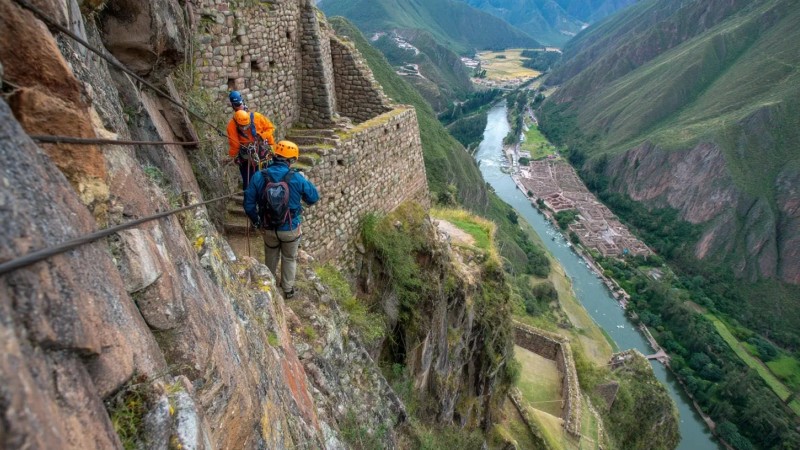 Adventure sports enthusiasts rappelling down ancient Inca walls, mountain biking through Sacred Valley trails, zip-lining over Urubamba River, rock climbing near Ollantaytambo, and white-water rafting with Machu Picchu mountain backdrop