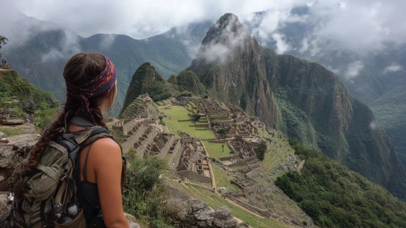 Budget backpacker exploring Machu Picchu with basic gear, staying in hostels, using public transportation, eating street food, and connecting with other budget travelers while maintaining safety and enjoying authentic experiences