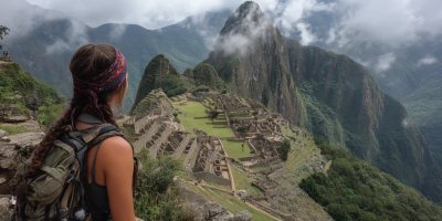 Budget backpacker exploring Machu Picchu with basic gear, staying in hostels, using public transportation, eating street food, and connecting with other budget travelers while maintaining safety and enjoying authentic experiences