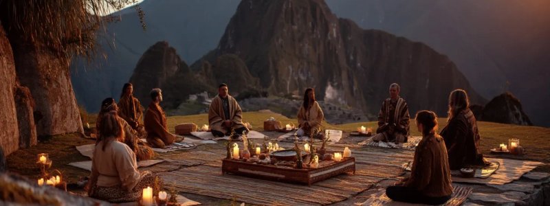Machu Picchu wellness retreat scene showing yoga practitioners in sunrise meditation, traditional Andean healing ceremony with coca leaves, spa treatments using local ingredients, and spiritual ceremony overlooking the ancient citadel