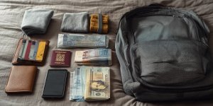 Traveler organizing backpack with money belt, passport, tickets, and cash in neat organized piles while planning Peru budget on smartphone