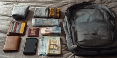 Traveler organizing backpack with money belt, passport, tickets, and cash in neat organized piles while planning Peru budget on smartphone