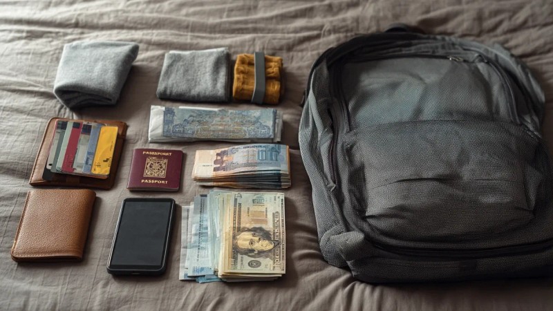Traveler organizing backpack with money belt, passport, tickets, and cash in neat organized piles while planning Peru budget on smartphone