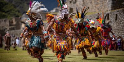 Cultural festivals around Machu Picchu featuring traditional Andean music and dance performances, colorful indigenous costumes, ancient ceremonies at archaeological sites, local artisans displaying crafts, and community celebrations with mountain backdrops