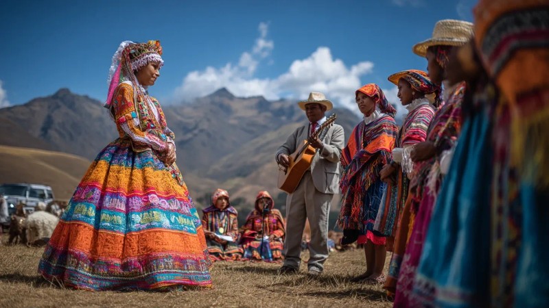 Traditional Peruvian quinceañera celebration with colorful textiles, Andean music performance, family gathering, and ceremonial elements against mountain village backdrop