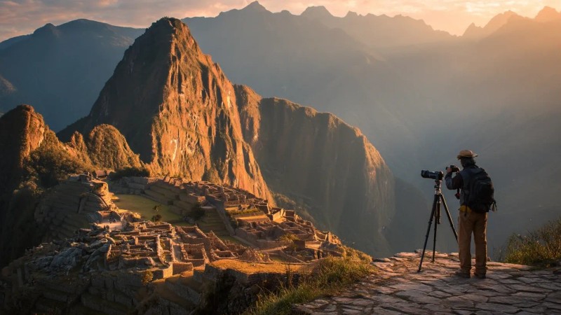 Professional photographer capturing Machu Picchu sunrise with telephoto lens on sturdy tripod as golden light illuminates ancient terraces